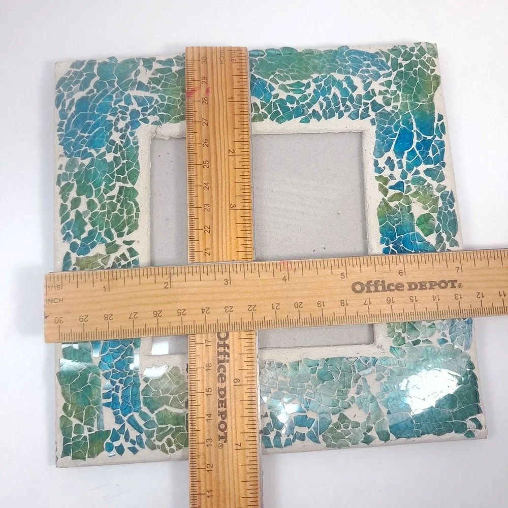 Vintage Pier 1 One picture photo frame blue teal green square stained glass